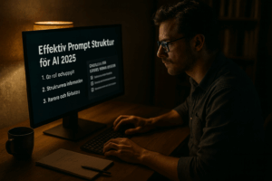 Effektiv prompt struktur för AI 2025 – man vid dator med checklista